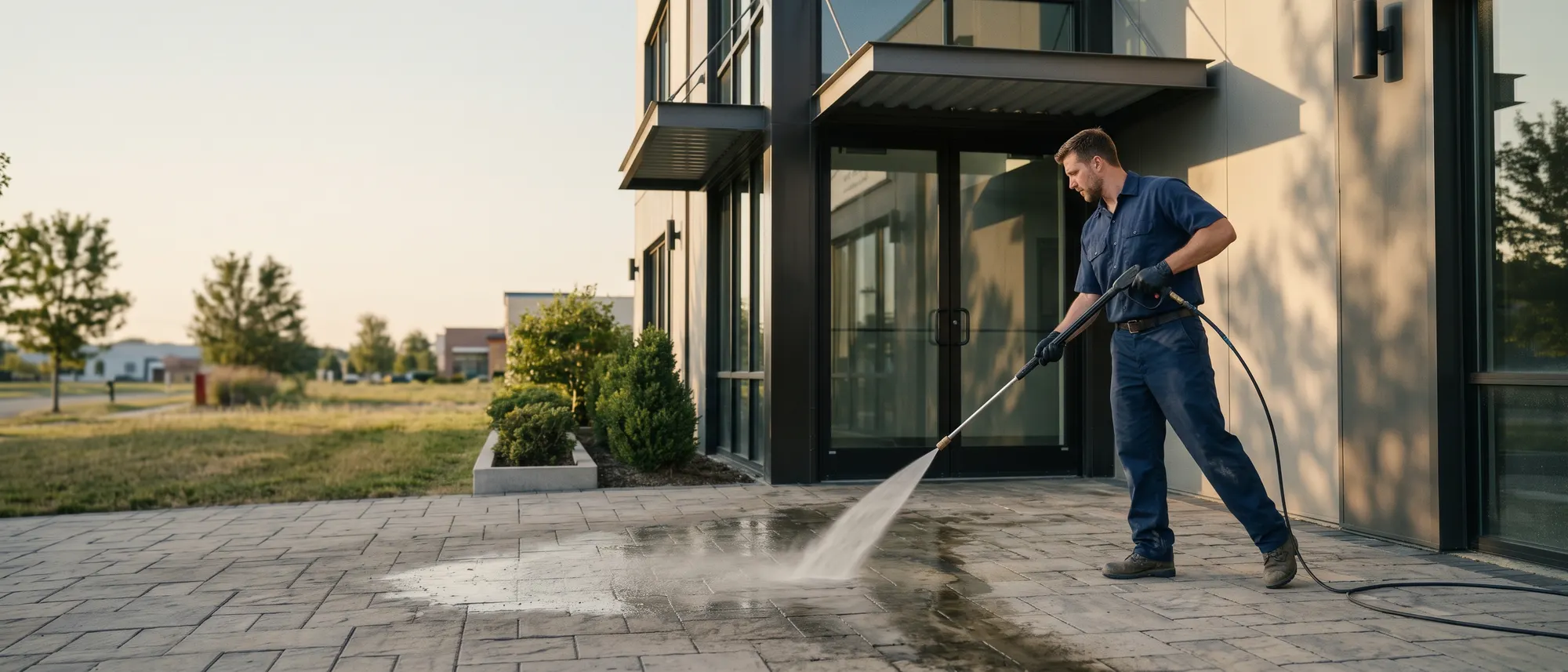 Technician power washing the entrance walkway of a commercial building